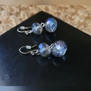 Double Drop Faceted Bead Dangle Earrings, Blue & Silver